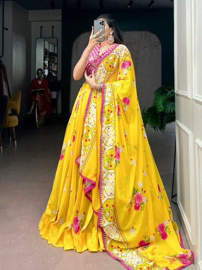 Elegant Floral Georgette Lehenga Set with Handcrafted Blouse and Lace-Trimmed Dupatta
