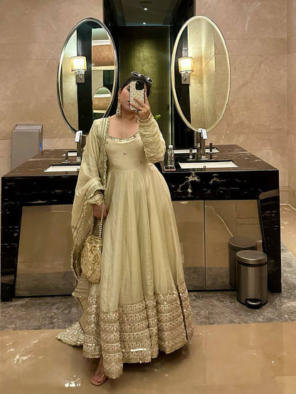 RangBhoomi Premium Chinon Silk Anarkali Gown Set with Heavy Embroidery, 3mm Sequin Sleeve Lace, Crepe Pants, and Sequined Lace Dupatta
