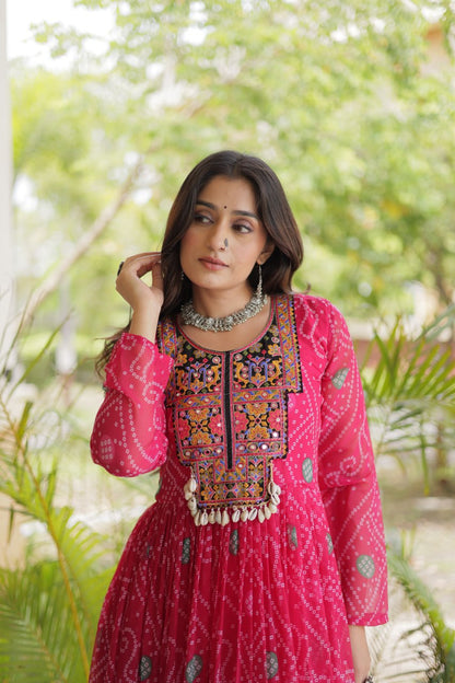 RangBhoomi Bandhani & Kutchi Patchwork Faux Georgette Gown — Festive Navratri Edition
