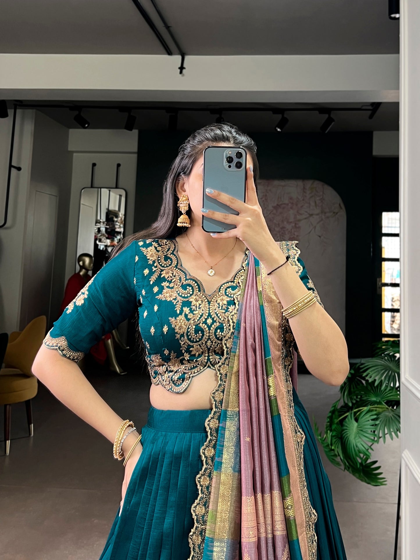 Elegant Vichitra Silk Lehenga Choli for Weddings and Festivals – Thread Embroidery & Sequins Detailing, Stitched Skirt and Unstitched Blouse, Includes Foil-Printed Dupatta with Lace Border