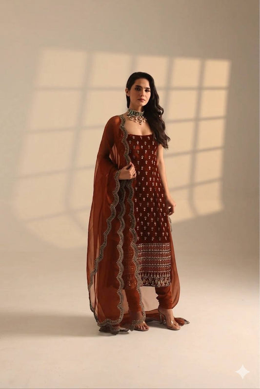 Roman Glass Satin Elegant Women's Suit Set with Golden Zari and Sequins Detailing