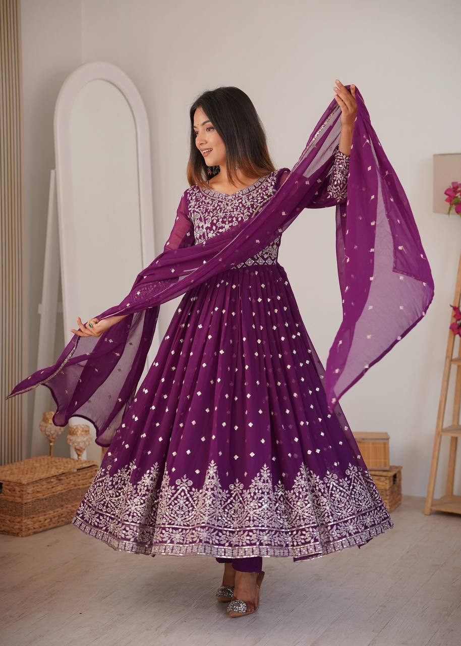 Premium Designer Anarkali Set with Embroidered Dupatta and Micro Cotton Pants – Elegant Festival and Party Wear