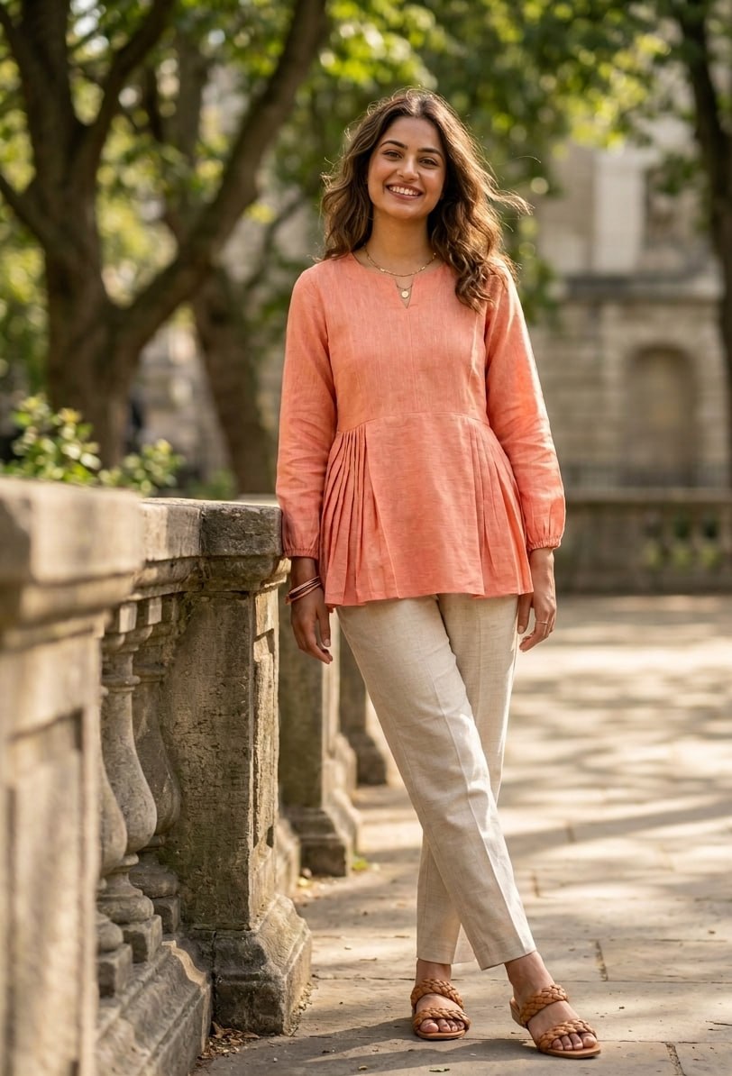 RangBhoomi Elegant Linen Cotton Top and Pant Set – Full-Sleeve Frill Stitch Top with Elastic Waist Pants in Parrot, Peach, and Yellow