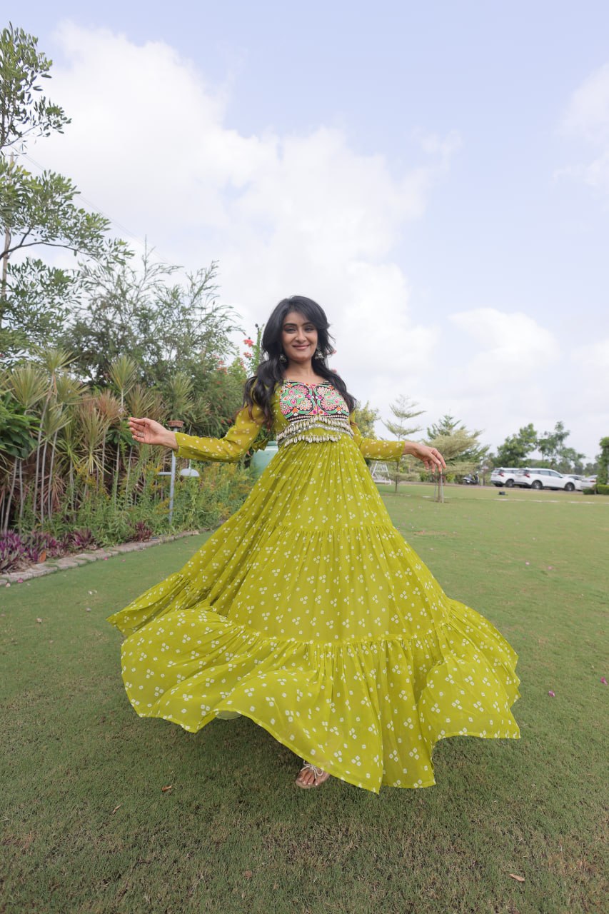 RangBhoomi Bandhani & Kutchi Patchwork Faux Georgette Gown — Full Sleeve, 12m Flair, Cotton Lining