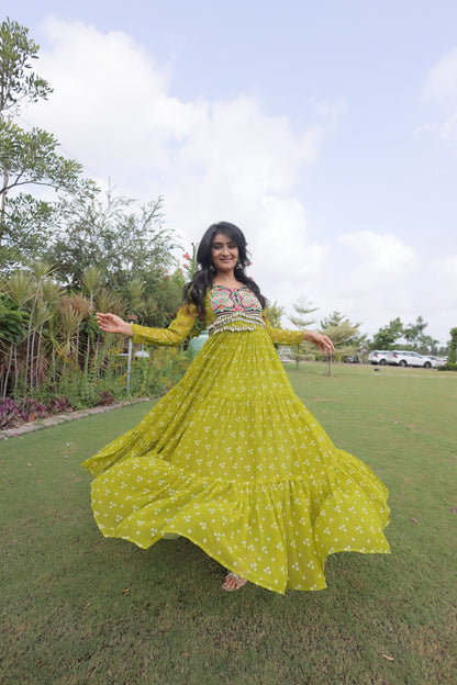 RangBhoomi Bandhani & Kutchi Patchwork Faux Georgette Gown — Full Sleeve, 12m Flair, Cotton Lining