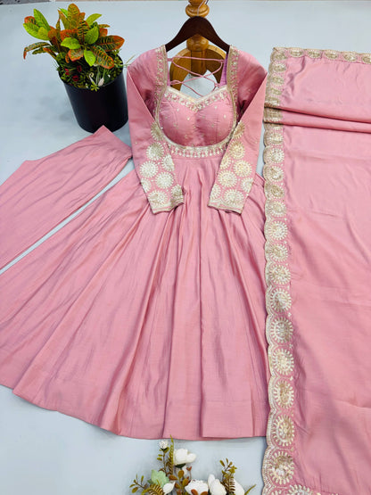 RangBhoomi Designer Anarkali Gown Set with Chanderi Dupatta - Roman Silk, Embroidered Sequins
