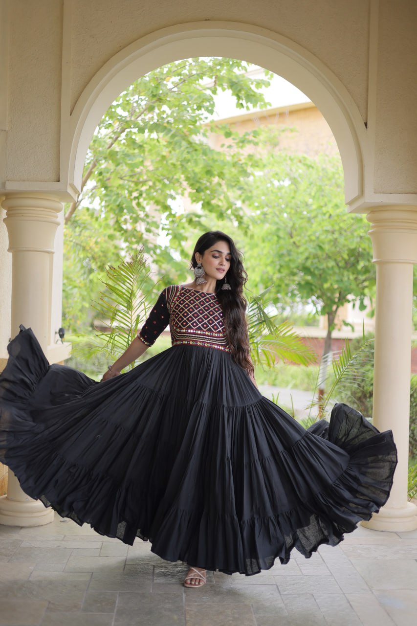 RangBhoomi Navratri Embroidered Kora Cotton Gown — Off-White & Black, 56" Length