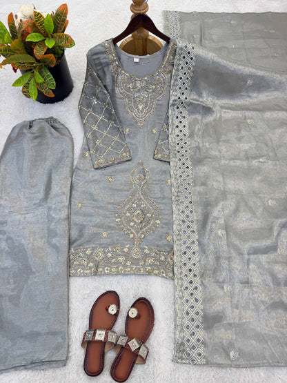 Elegant Designer Party Wear Top, Palazzos, and Dupatta Set with Intricate Heavy Embroidery and Beaded Detailing
