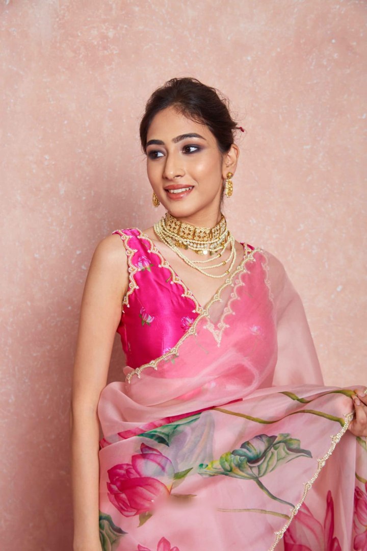 Ready To Wear Organza Silk Saree - Floral Printed