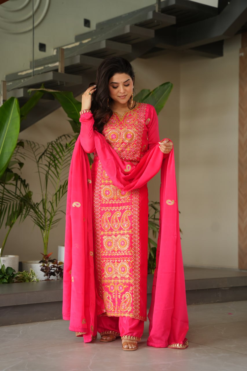 RangBhoomi Elegant Ready-to-Wear Top, Pant, and Dupatta Set with Intricate Multi-Thread Embroidery 2026 Collection
