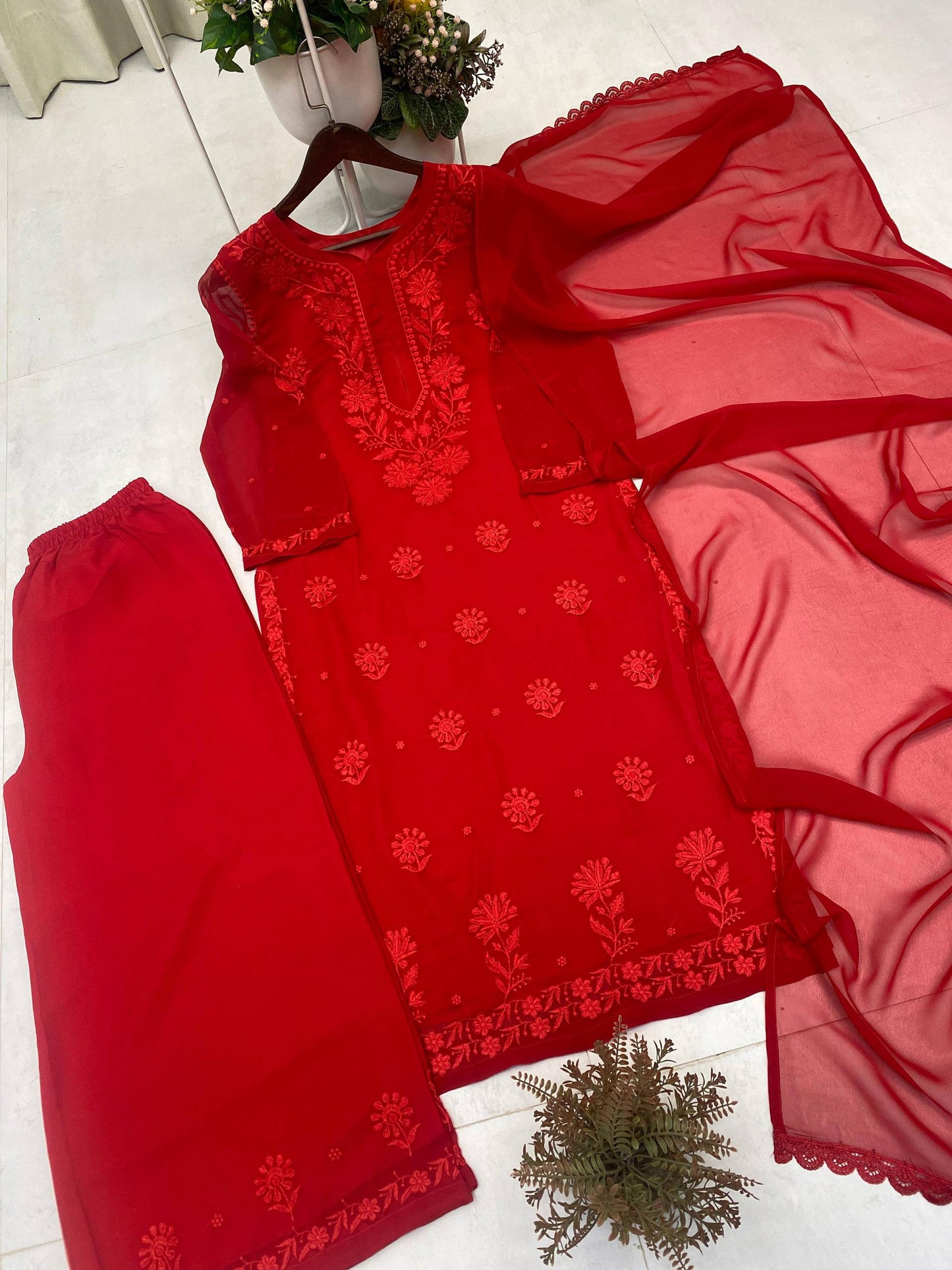 Exclusive Designer Faux Georgette Embroidered Suit with Matching Dupatta
