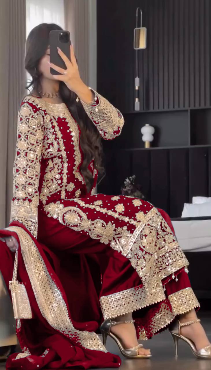 New Collection Faux Georgette Ensemble with Intricate Heavy Embroidery, Sequin Detailing, and Fully Stitched Ready-to-Wear Top, Bottom, and Dupatta Set