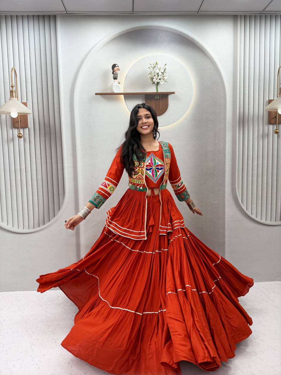 RangBhoomi Navratri Special Gamathi Work 9m Flair Pure Cotton Lehenga Choli - Fully Stitched