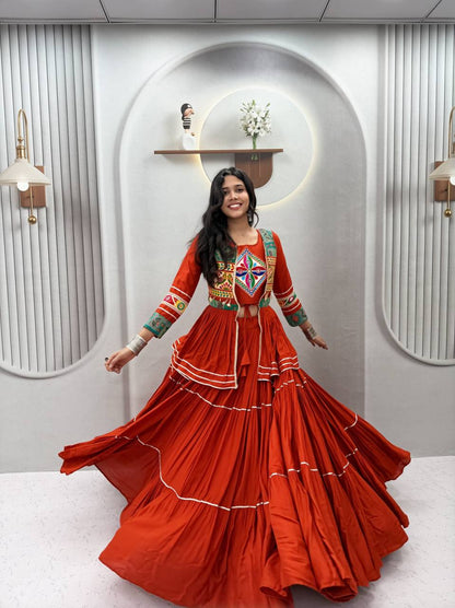 RangBhoomi Navratri Special Gamathi Work 9m Flair Pure Cotton Lehenga Choli - Fully Stitched