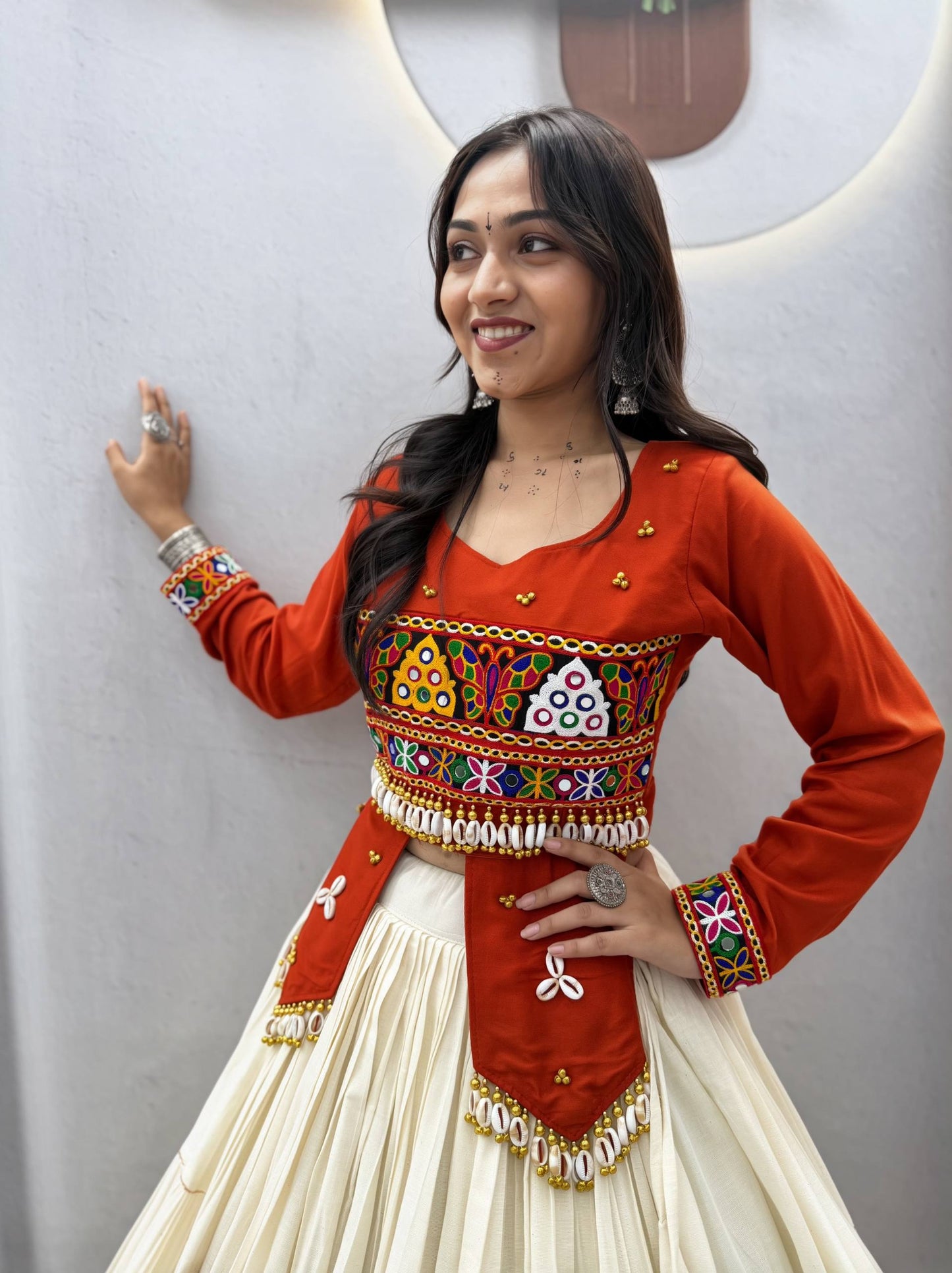 RangBhoomi Navratri Hand-Work 9m Flair Lehenga Choli - Pure Cotton Top & Kora Cotton Skirt
