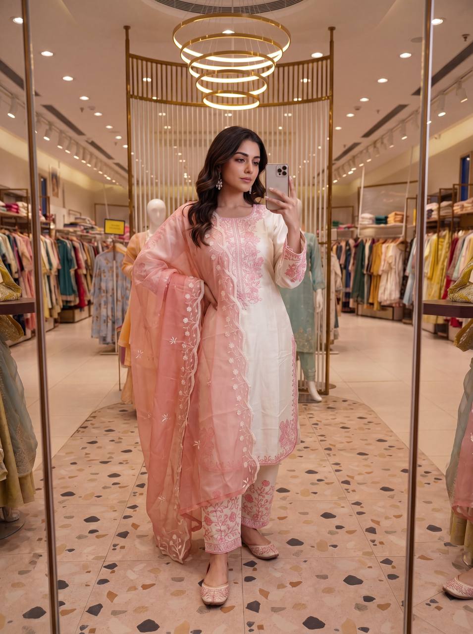 Elegant Party Wear Set Featuring Premium Roman Glass Embroidered Top with Fancy Bell Sleeves and Stylish Palazzo Pants with Dupatta