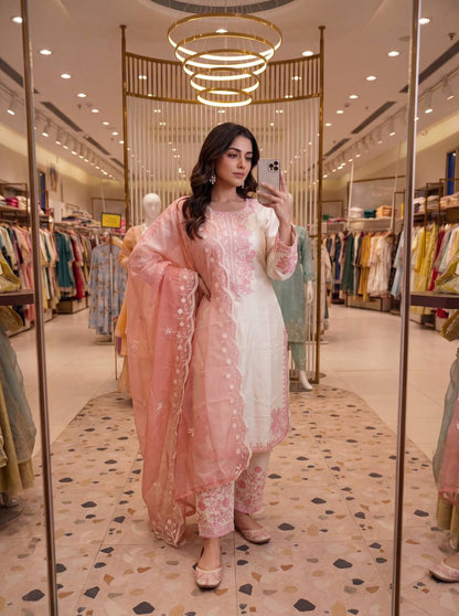 Elegant Party Wear Set Featuring Premium Roman Glass Embroidered Top with Fancy Bell Sleeves and Stylish Palazzo Pants with Dupatta