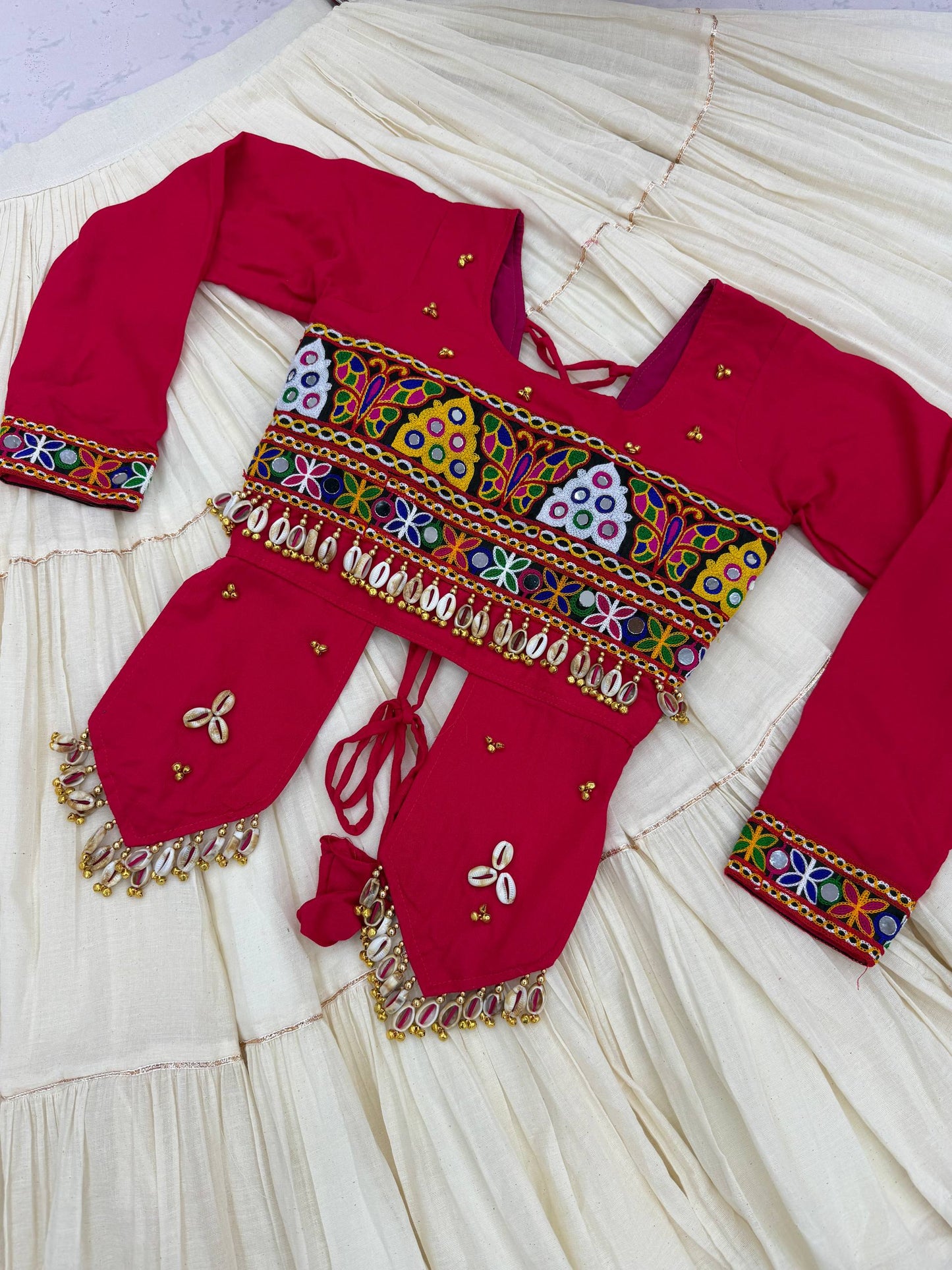 RangBhoomi Navratri Hand-Work 9m Flair Lehenga Choli - Pure Cotton Top & Kora Cotton Skirt