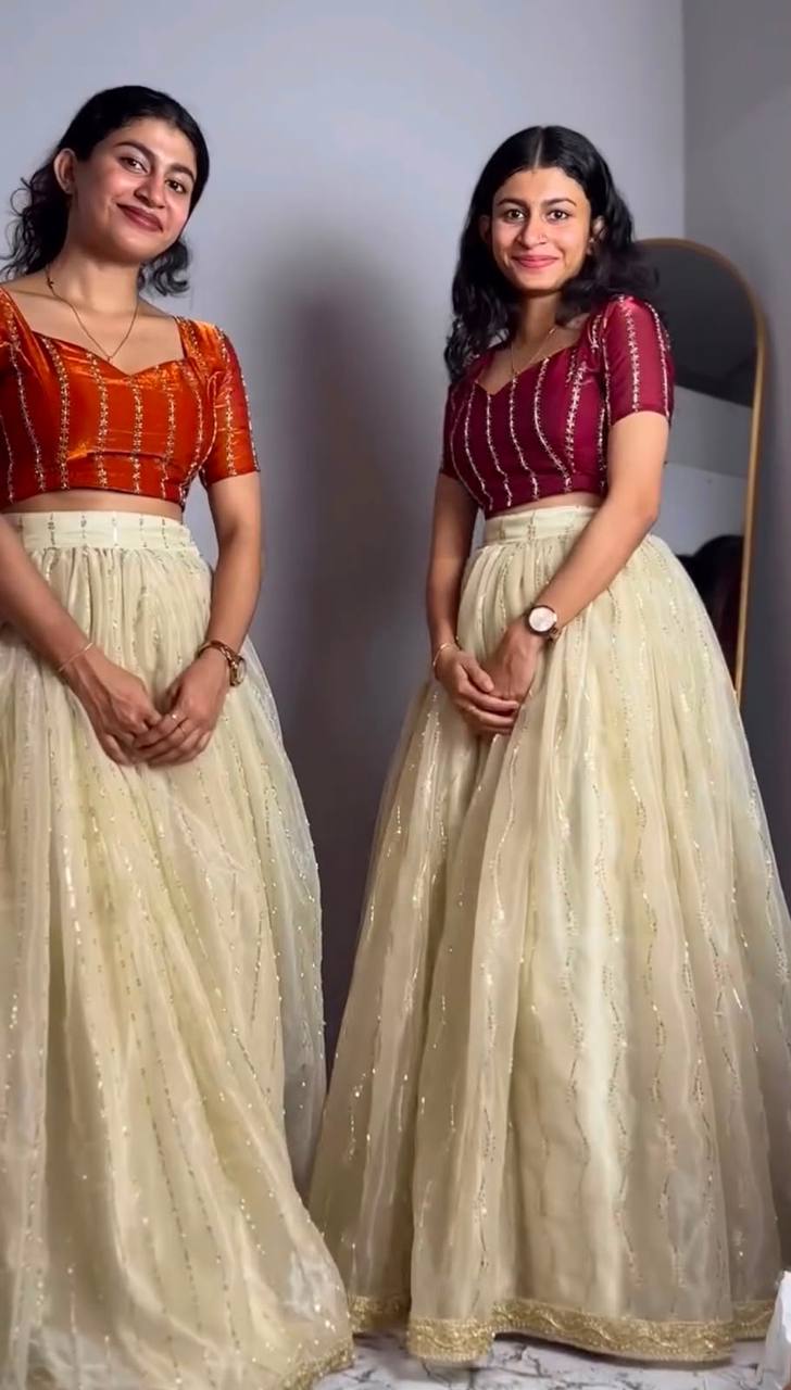 Fully Stitched Space Silk Lehenga Set with Sequins Embroidery — L/XL