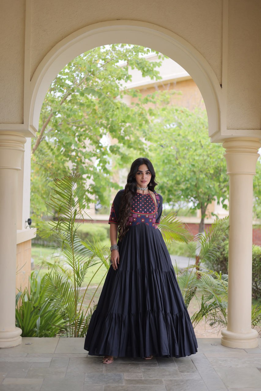 RangBhoomi Navratri Embroidered Kora Cotton Gown — 54" Festive Flair