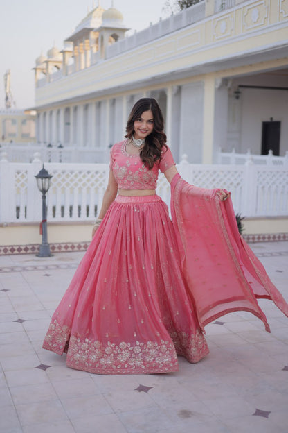 Elegant Lehenga Choli Set with Heavy Sequins and Zari Thread Embroidery in Fendi Silk