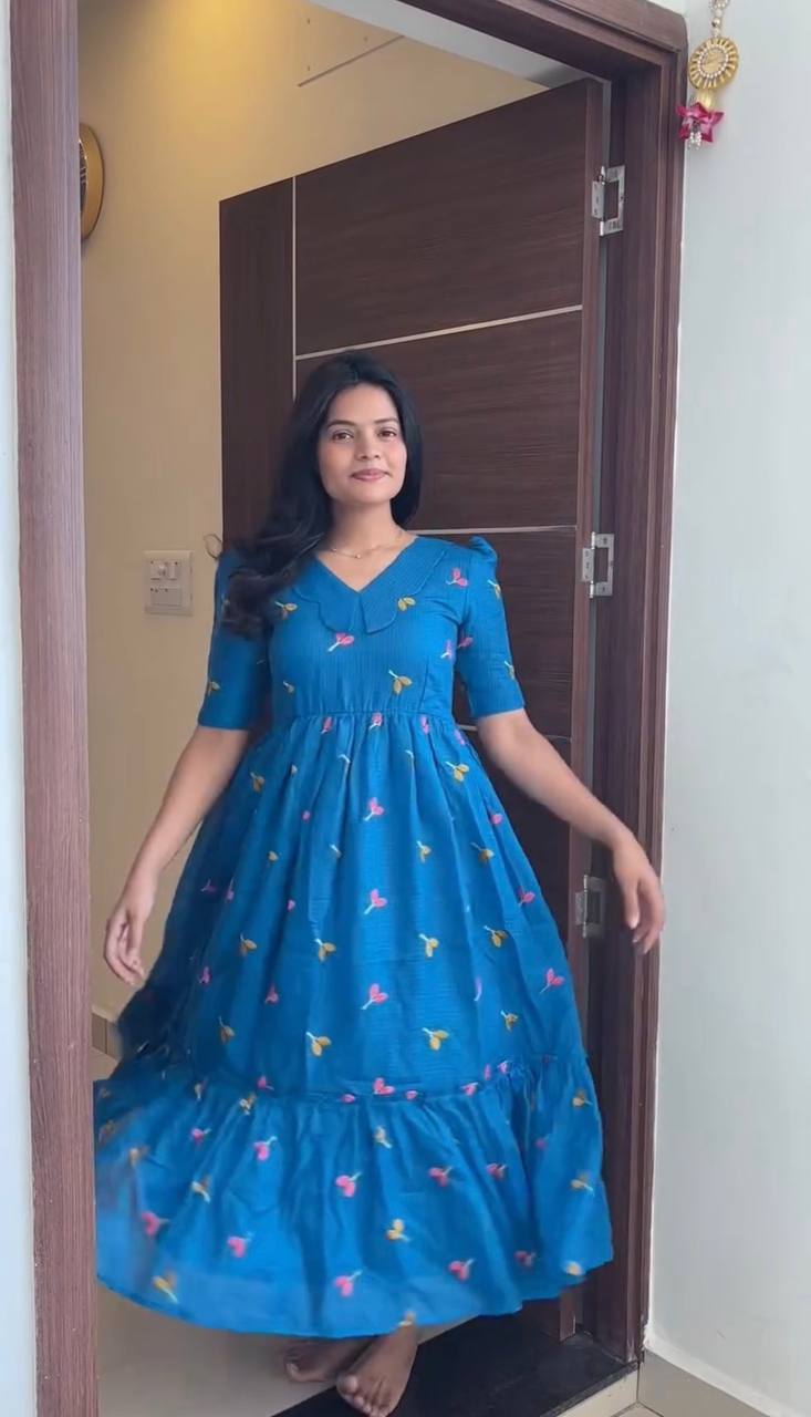RangBhoomi Summer Floral Embroidered Kota Checks Midi Gown - Soft Kota, Micro Cotton Lining