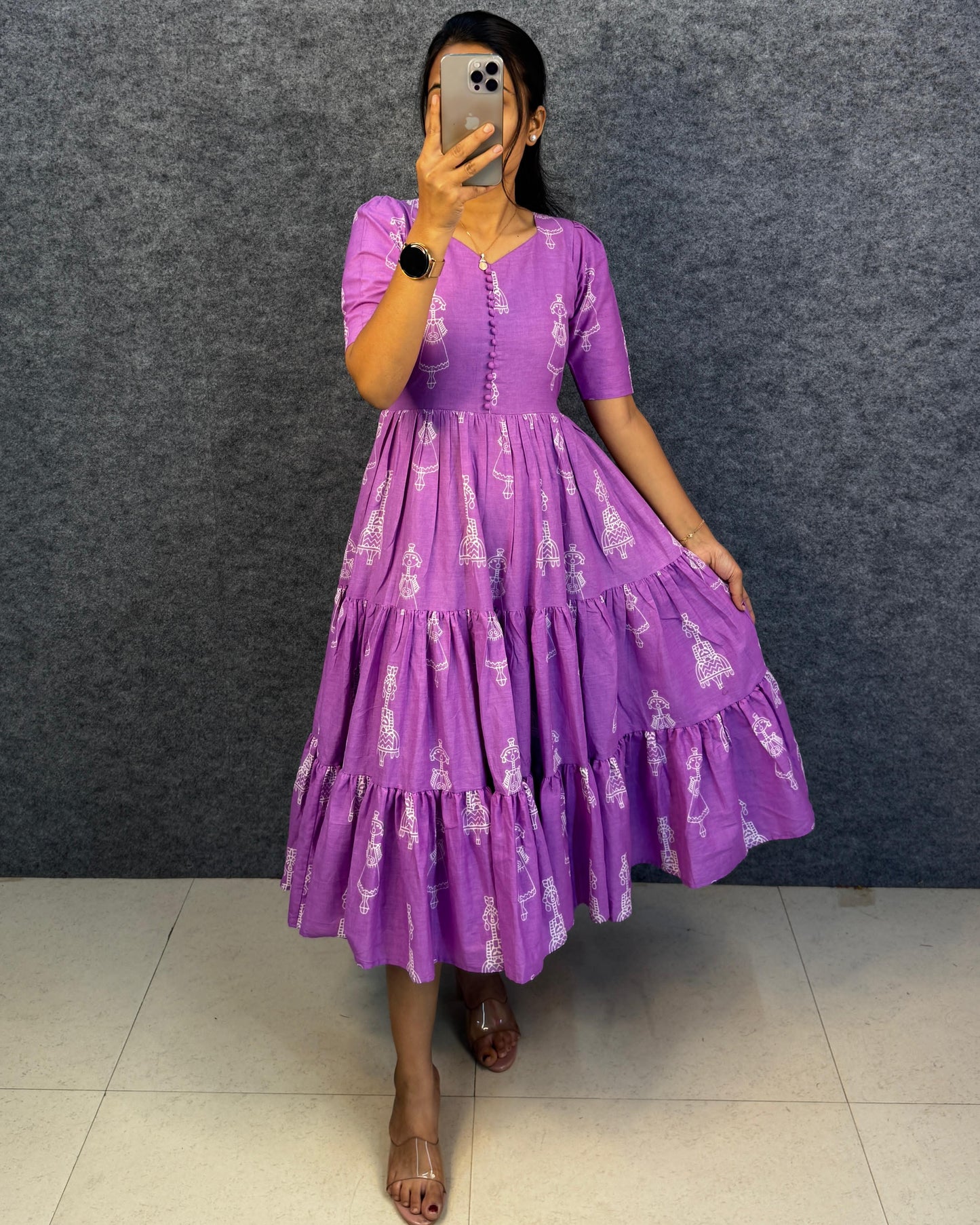 RangBhoomi Exclusive Hand-Block Printed Pure Cotton Warli Art Maxi Gown with Side Pocket
