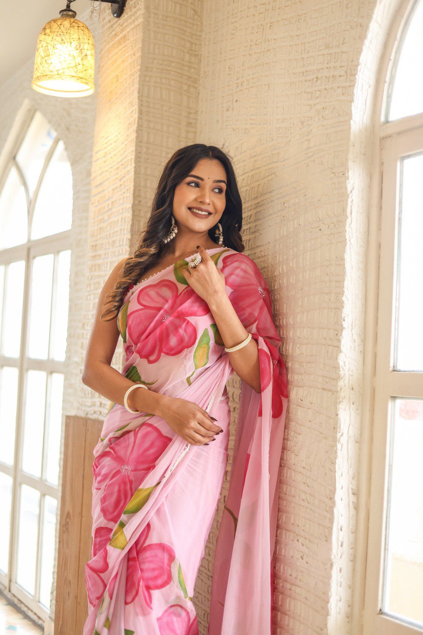 Ready To Wear Pink Floral Saree - Georgette Fabric