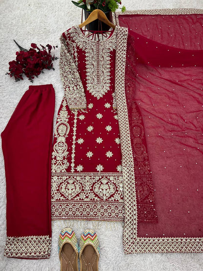 New Collection Faux Georgette Ensemble with Intricate Heavy Embroidery, Sequin Detailing, and Fully Stitched Ready-to-Wear Top, Bottom, and Dupatta Set