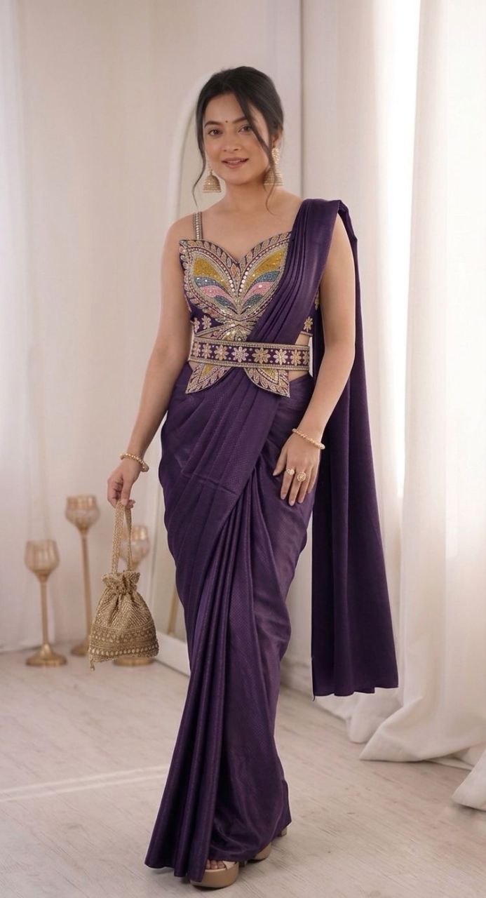 RangBhoomi Ready-to-Wear Saree with Elegant Embroidery and Sequined Blouse – Heavy Crepe Fabric