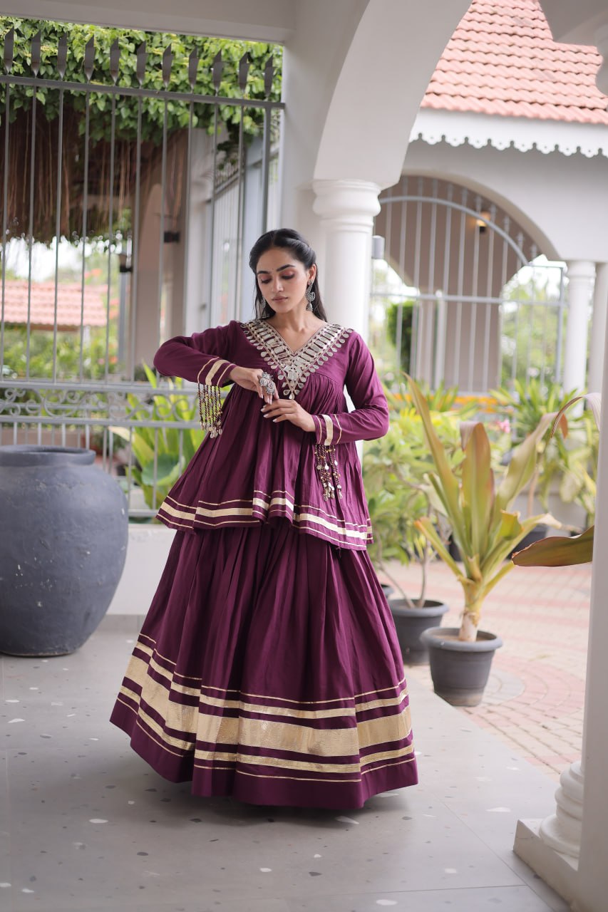 RangBhoomi Navratri Kora Cotton Full-Stitched Lehenga & Blouse Set with Mirror and Gota Work