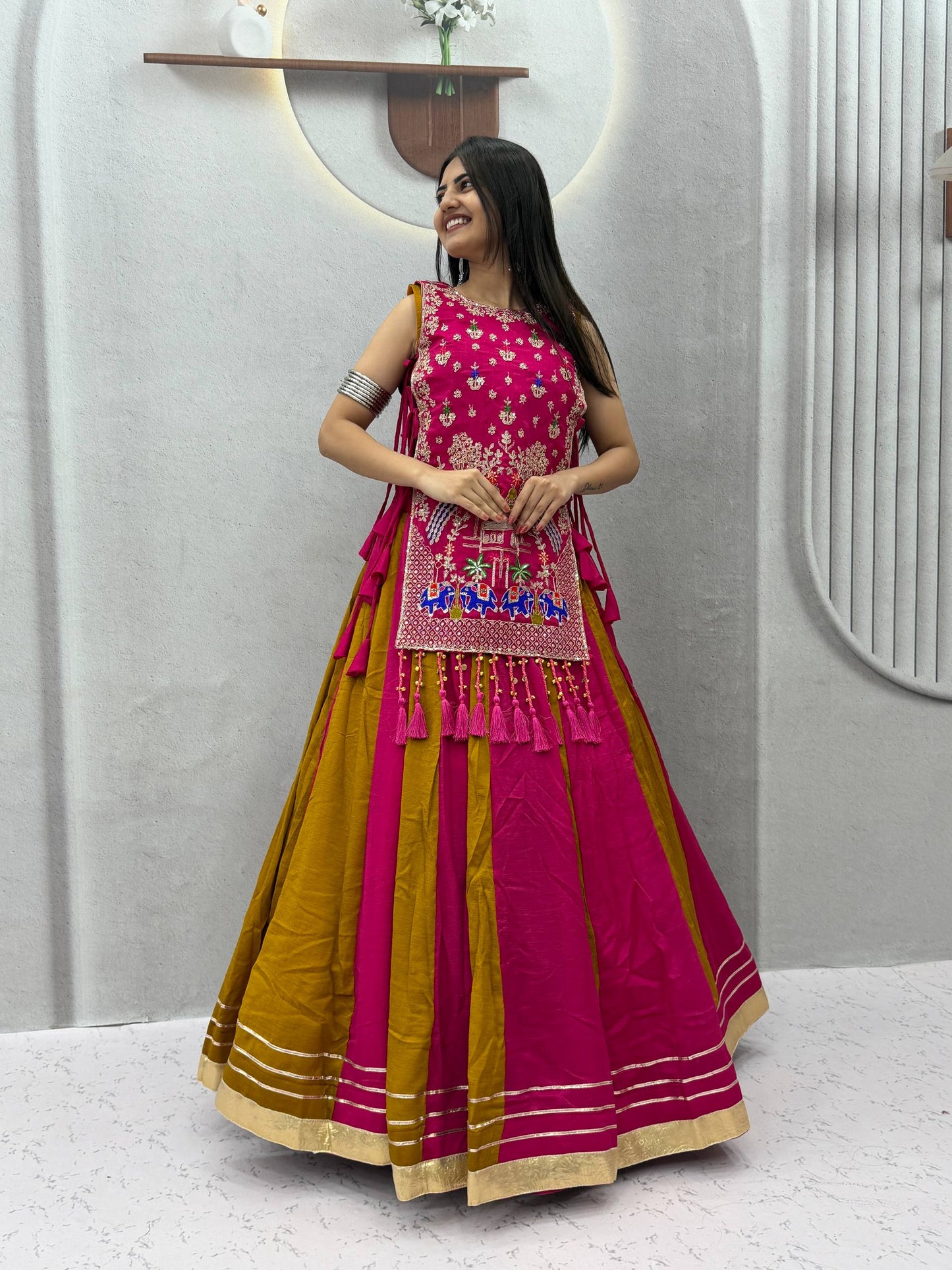 RangBhoomi Navratri Special Vichitra Silk Lengha Choli – Fully Stitched with Heavy Thread & Sequence Work