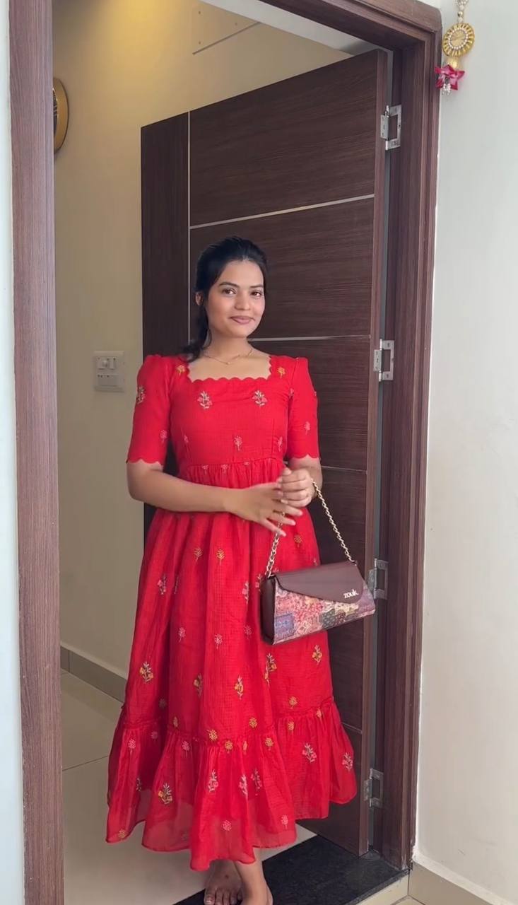 RangBhoomi Summer Floral Embroidered Kota Checks Midi Gown - Soft Kota, Micro Cotton Lining