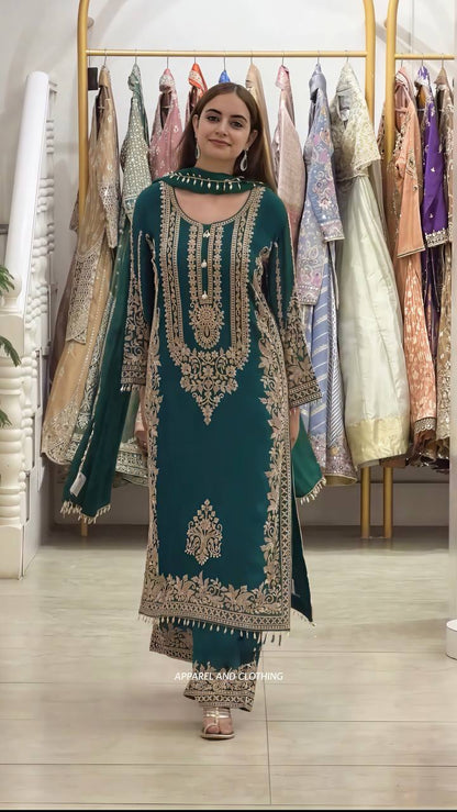 RangBhoomi Faux Georgette Heavy Embroidery Sequins Top-Bottom with Dupatta — Fully Stitched Set
