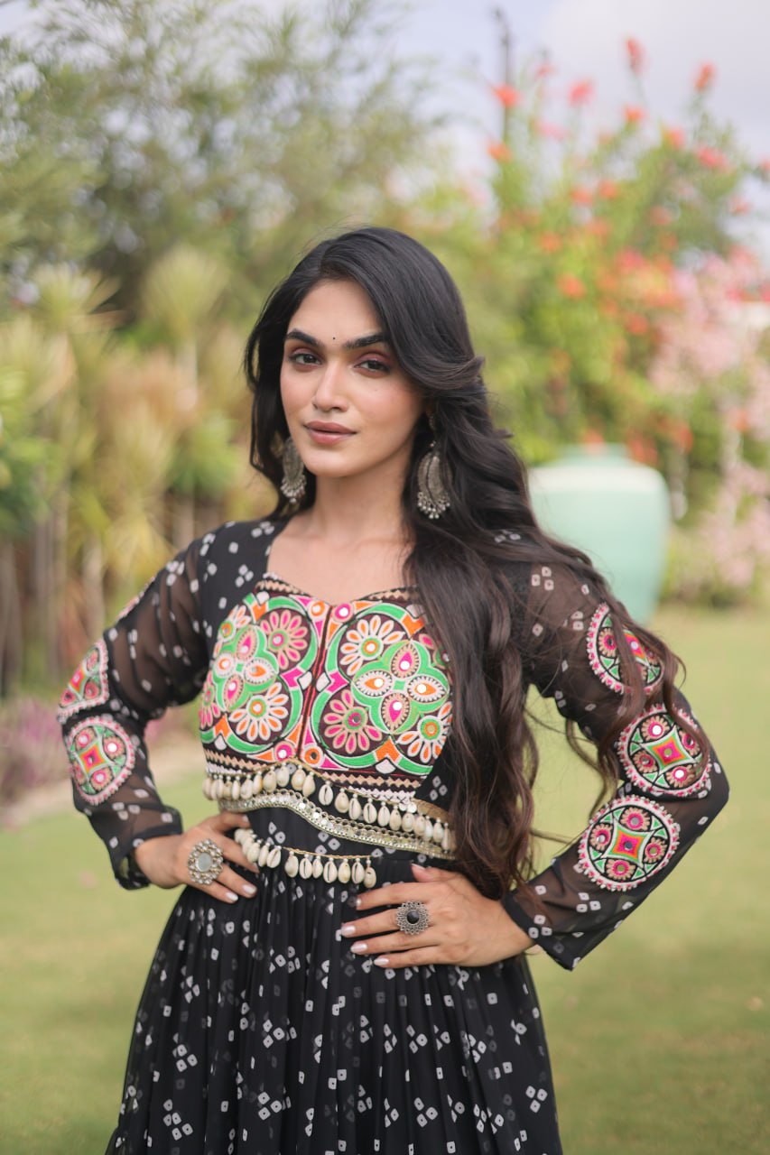 RangBhoomi Bandhani & Kutchi Patchwork Faux Georgette Gown — Full Sleeve, 12m Flair, Cotton Lining