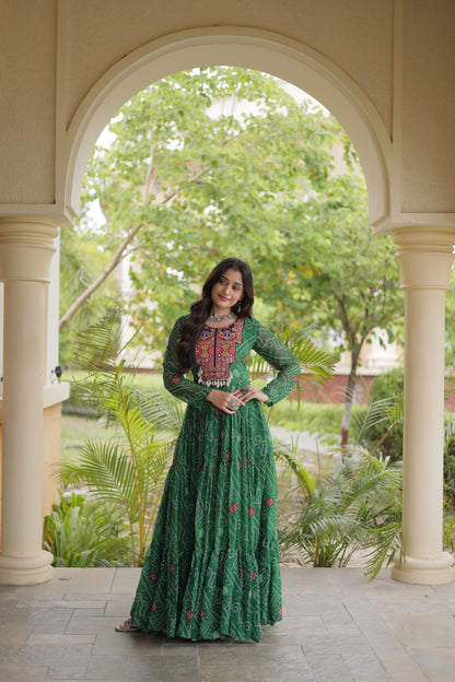 RangBhoomi Bandhani & Kutchi Patchwork Faux Georgette Gown — Festive Navratri Edition