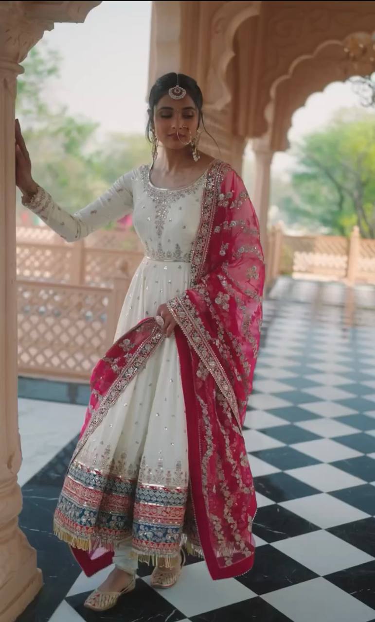 Elegant Party Wear Heavy Faux Georgette Gown with Embroidered Dupatta and Bottom Set