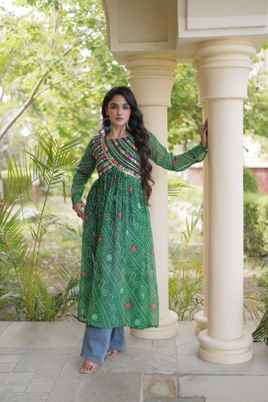RangBhoomi Bandhani Faux Georgette Kutchi Patchwork Kurti — Navratri 2026