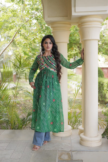 RangBhoomi Bandhani Faux Georgette Kutchi Patchwork Kurti — Navratri 2026
