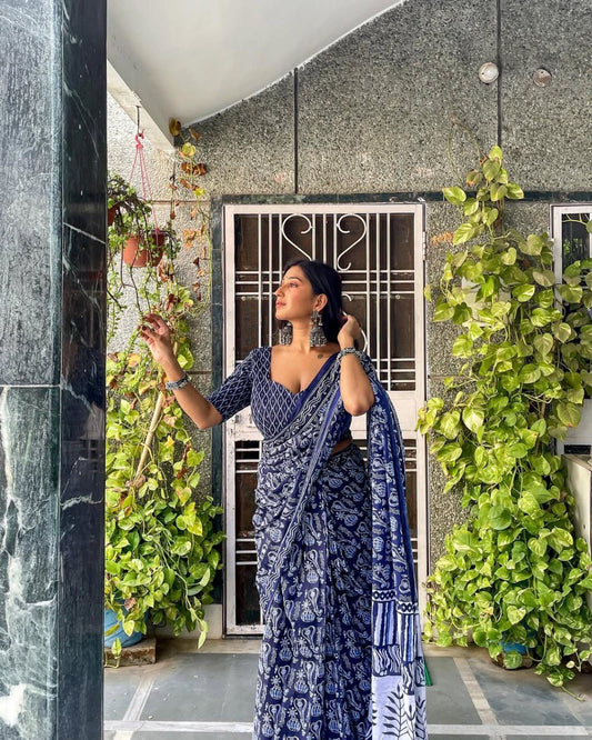 Effortless style: Blue and white ready-to-wear cotton saree.