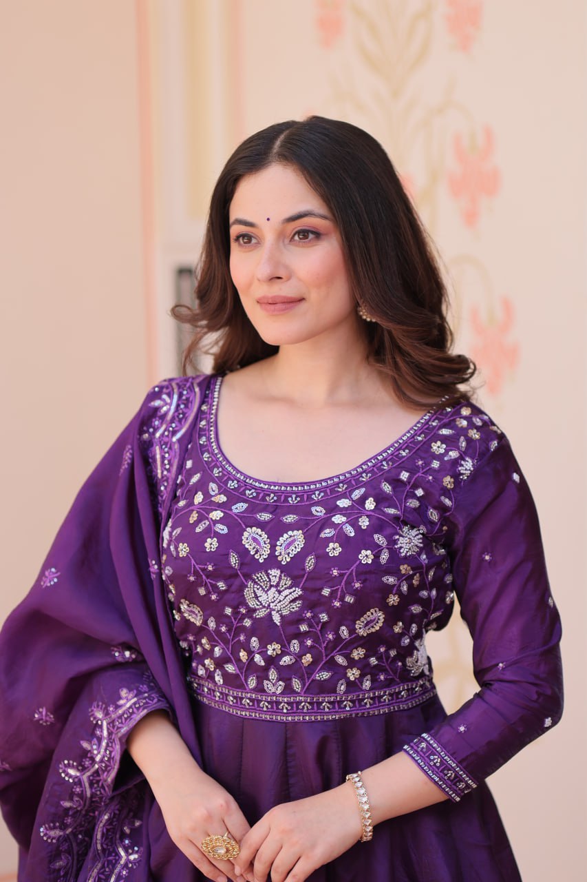 Elegant Gold Crush Embroidered Gown and Designer Dupatta Set