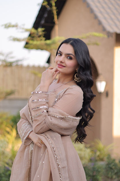 RangBhoomi Silver Mirror Lace Gown with Dupatta - Elegant Occasion Wear