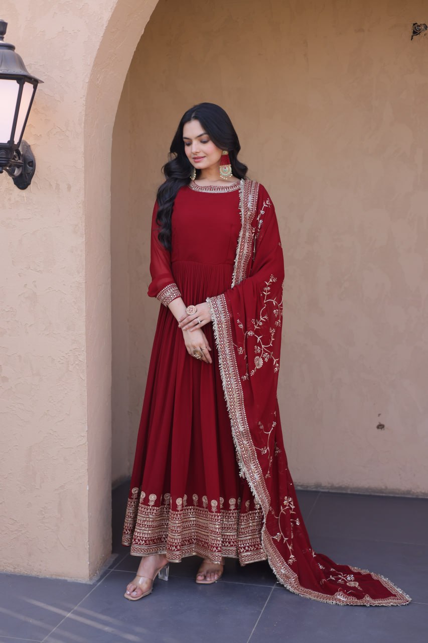 RangBhoomi Premium Maroon Embroidered Faux Blooming Ready‑Made Gown with Dupatta