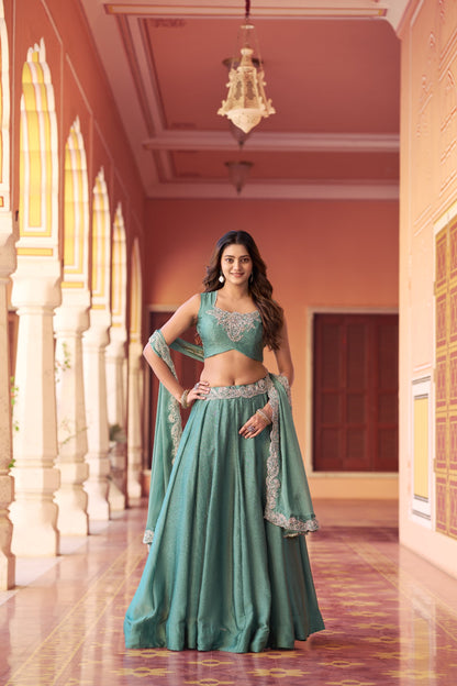 Regal Mist Designer Ensemble with Intricate Embroidery and Luxurious Rangoli Silk