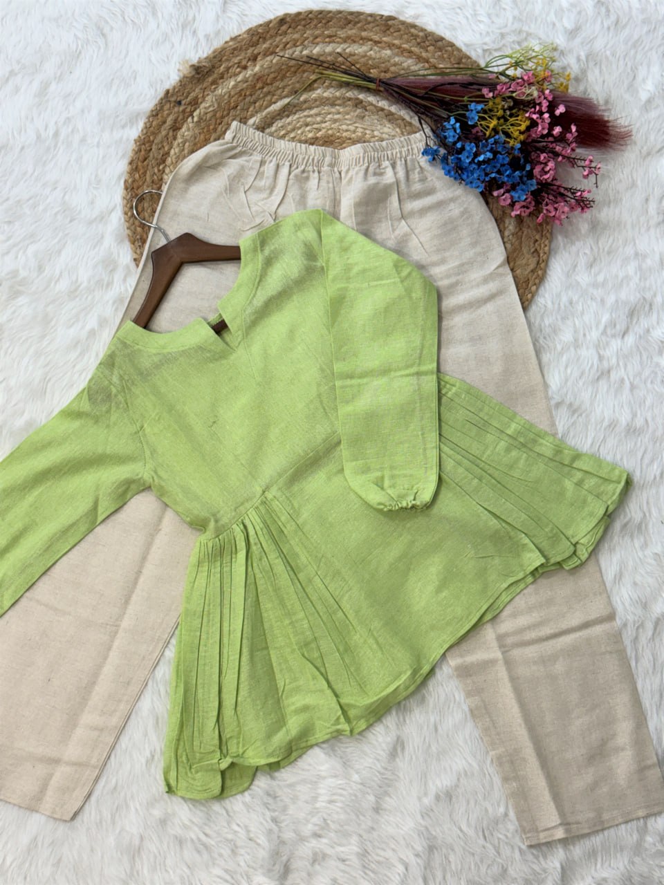 RangBhoomi Elegant Linen Cotton Top and Pant Set – Full-Sleeve Frill Stitch Top with Elastic Waist Pants in Parrot, Peach, and Yellow