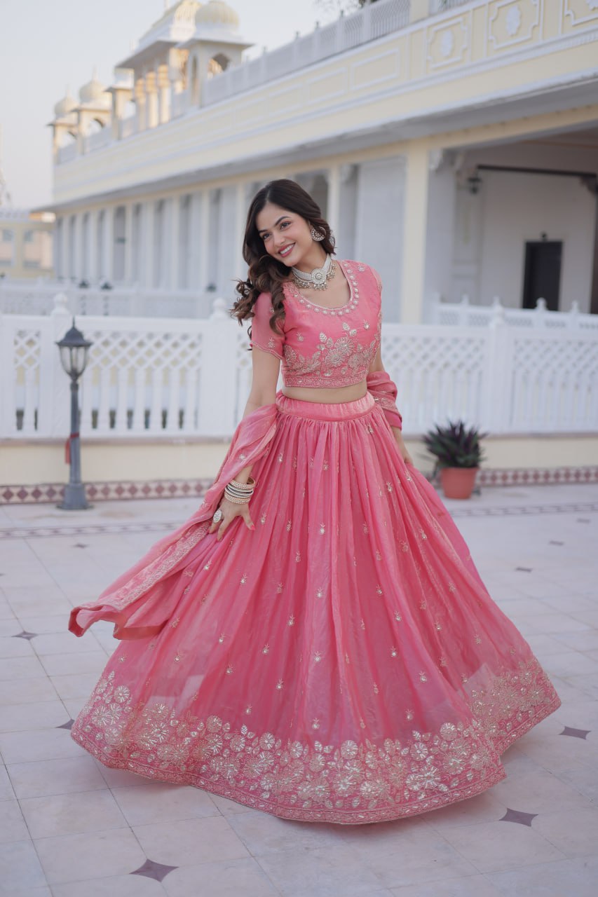 Elegant Lehenga Choli Set with Heavy Sequins and Zari Thread Embroidery in Fendi Silk