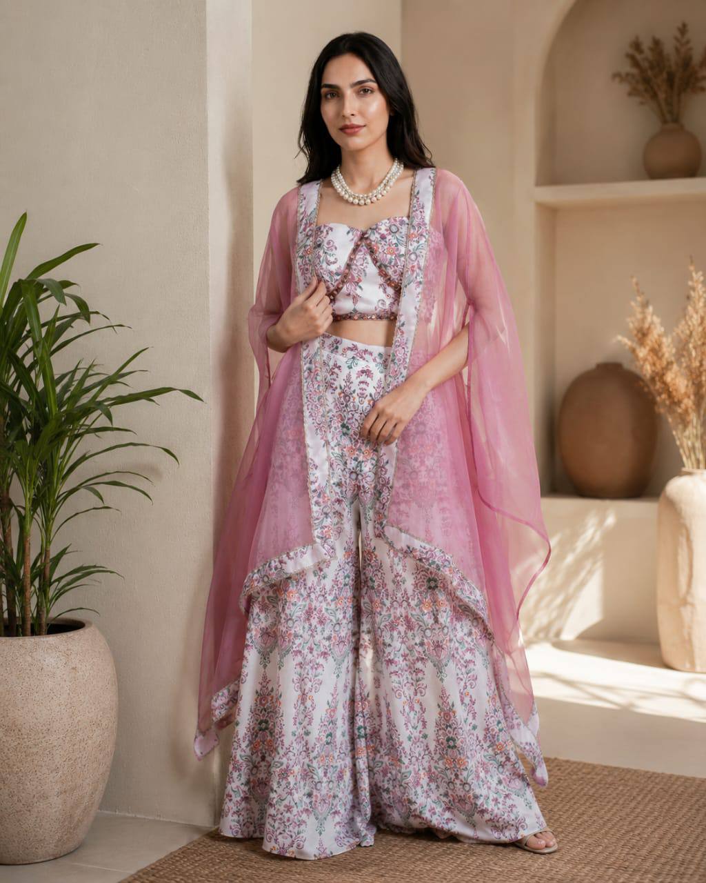 RangBhoomi Designer Indo-Western Luxury Edit — Floral Printed French Crepe Top with Palazzo & Organza Cape