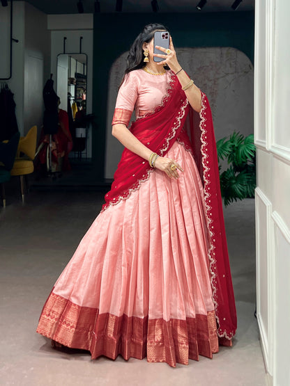 Soulfully Traditional Cotton Silk Lehenga Set with Royal Zari Work, Georgette Dupatta, and Elegant Scalloped Borders