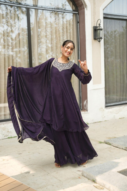 Elegant Traditional Palazzo Suit Set with Embroidered Kurta and Lace-Edged Dupatta