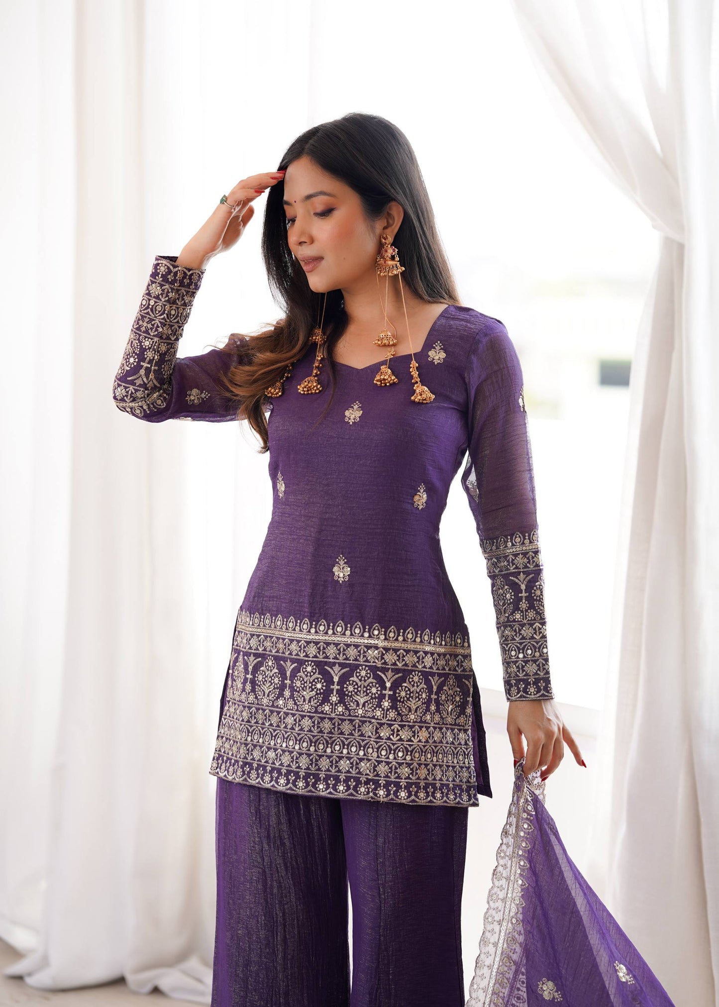Elegant Ready-to-Wear Crunchy Silk Ensemble with Embroidered Sequences, Jari Detailing, Dupatta, and Bell-Bottom Pants